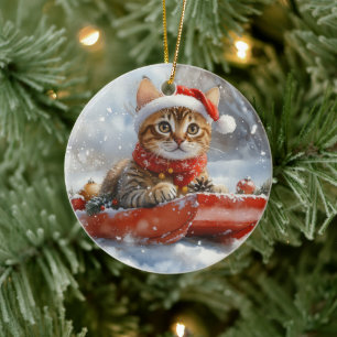 Bengal-Katze im Schlitten Lass es schneien Weihnac Keramik Ornament