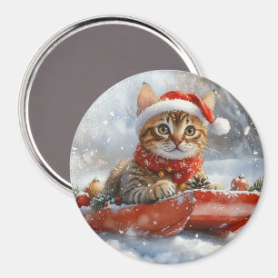 Bengal-Katze im Schlitten Lass es schneien Weihnac Magnet