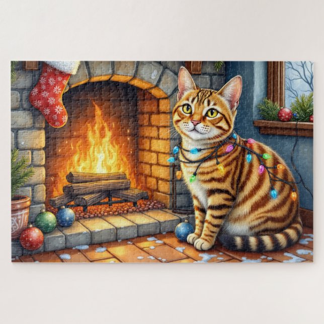 Bengal-Katze Kamin mit Weihnachtslichtern (Horizontal)