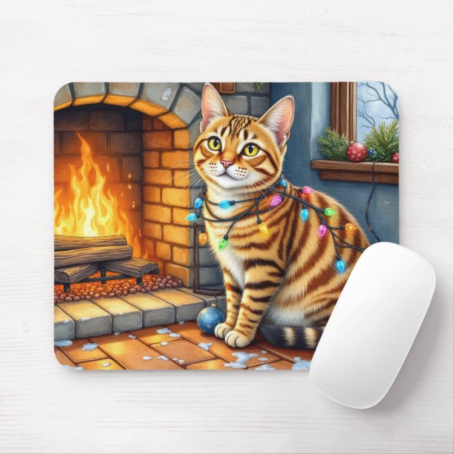 Bengal-Katze Kamin mit Weihnachtslichtern Mousepad (Mit Mouse)