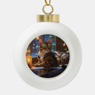 Bengal-Katze mit Weihnachtslichtern Feiertag Keramik Kugel-Ornament