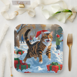 Bengal-Katze Weihnachtsfest Schnee Szene Pappteller