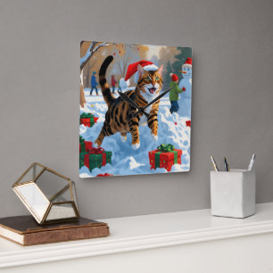 Bengal-Katze Weihnachtsfest Schnee Szene Quadratische Wanduhr