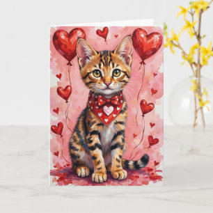 Bengal-Katze zum Valentinstag sitzend mit Herzen R Karte
