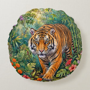Bengal Tiger Lebendiger Bambus-Dschungel Rundes Kissen