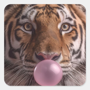 Bengal-Tiger-Porträt bläst rosa Kaugummiblase Quadratischer Aufkleber