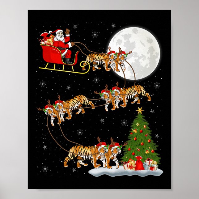Bengal Tiger Santa Sleigh Flying Funny Magical Chr Poster (Vorne)