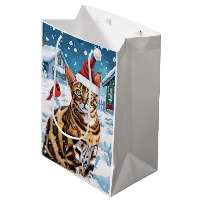 Bengalisch Cat Winter Wonderland Weihnachtsfreude Mittlere Geschenktüte (Vorderseite Schrägansicht)
