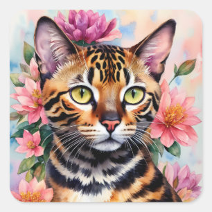 Bengalische Cat Floral Art Quadratischer Aufkleber