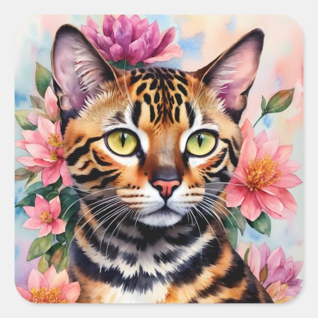 Bengalische Cat Floral Art Quadratischer Aufkleber (Vorderseite)