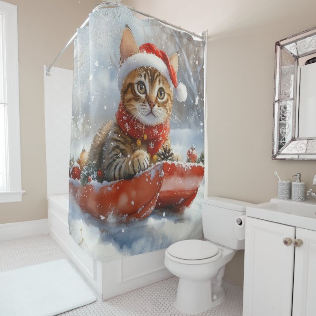 Bengalische Katze in Sledge Let it Schnee Weihnach Duschvorhang (Beispiel)