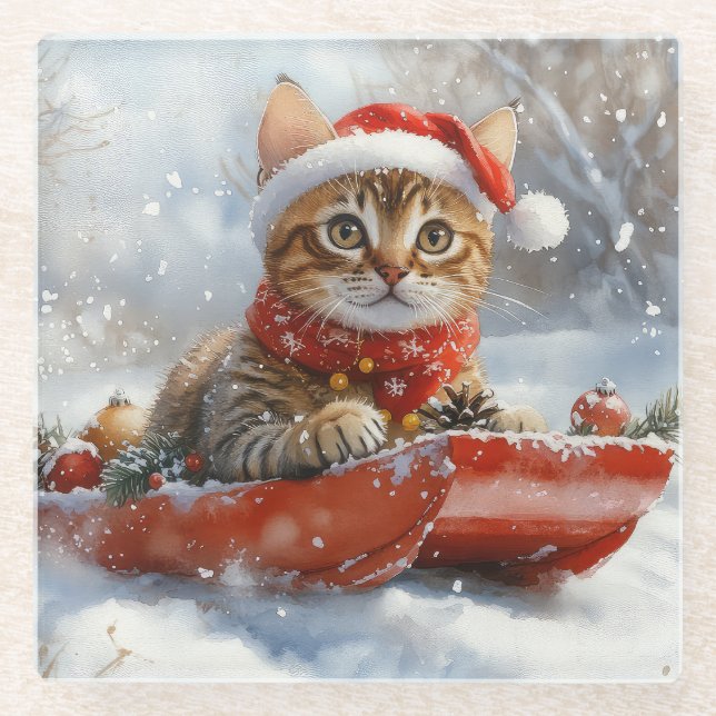 Bengalische Katze in Sledge Let it Schnee Weihnach Glasuntersetzer (Vorderseite)