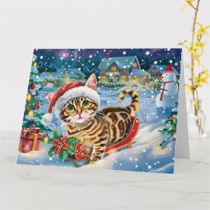 Bengalische Katze in Sleigh Snow Weihnachten Karte