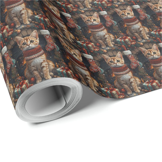 Bengalische Katze mit Weihnachtsgeschenken Kamin Geschenkpapier (Rolleneckpunkt)