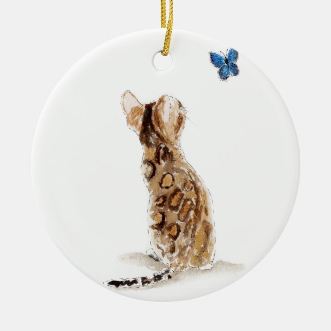 Bengalische Katze u. Schmetterling Keramik Ornament (Vorne)