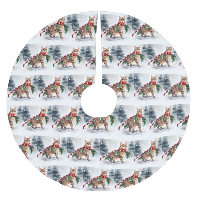 Bengalische Katze zu Schnee Weihnachten Polyester Weihnachtsbaumdecke (Vorderseite)