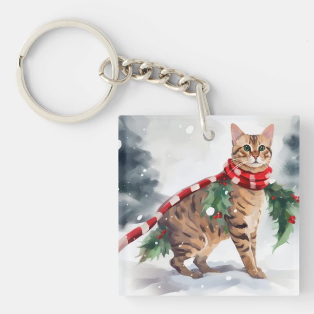 Bengalische Katze zu Schnee Weihnachten Schlüsselanhänger (Vorderseite)