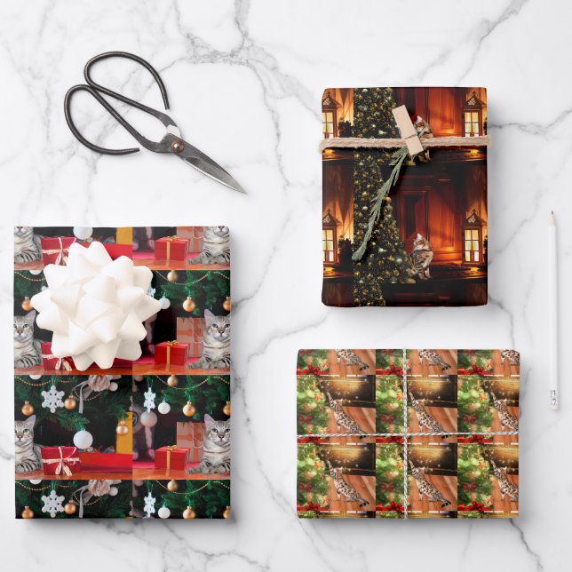 Bengalische Katzen Weihnachten Geschenkpapier Set (Vorderseite)