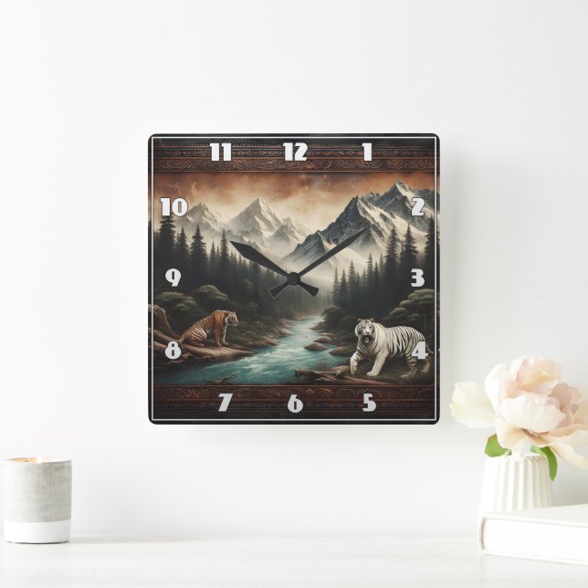 Bengalische Tiger in majestätischer Bergwelt Quadratische Wanduhr (Zuhause)
