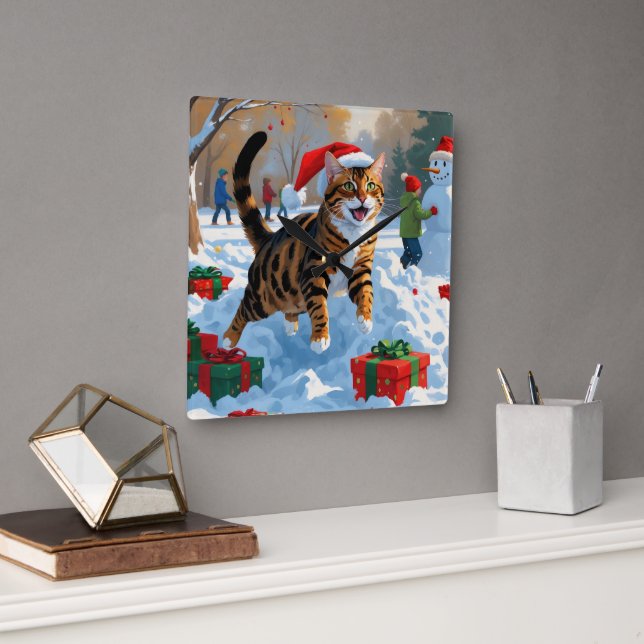 Bengalische Weihnachtsfeiertage Schneeszene Quadratische Wanduhr (Büro)