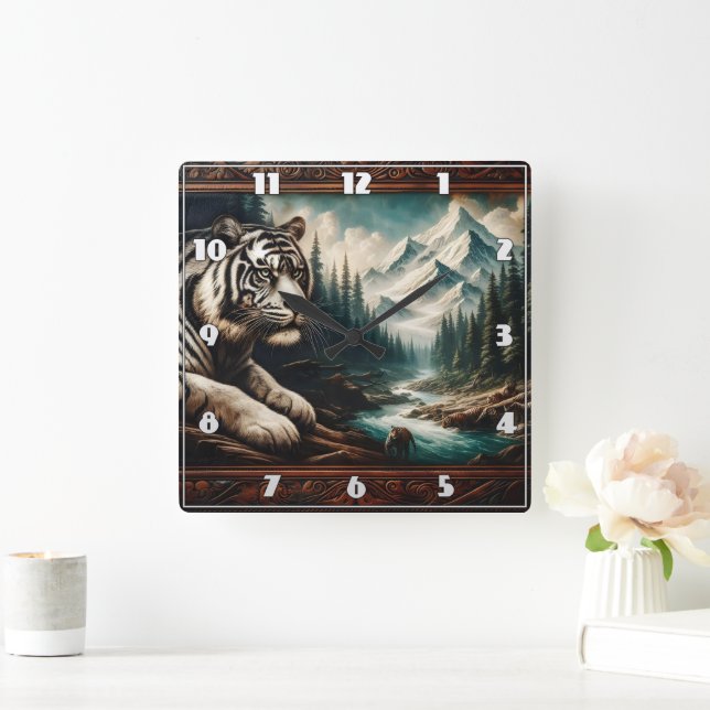 Bengalischer Tiger Ruhen am Berg Quadratische Wanduhr (Zuhause)