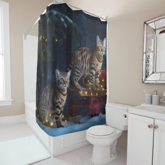 Bengalisches Cat Snowy Sleigh Ride Weihnachtsdekor Duschvorhang (Beispiel)