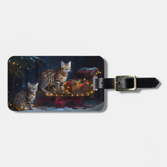 Bengalisches Cat Snowy Sleigh Ride Weihnachtsdekor Gepäckanhänger (Vorderseite horizontal)