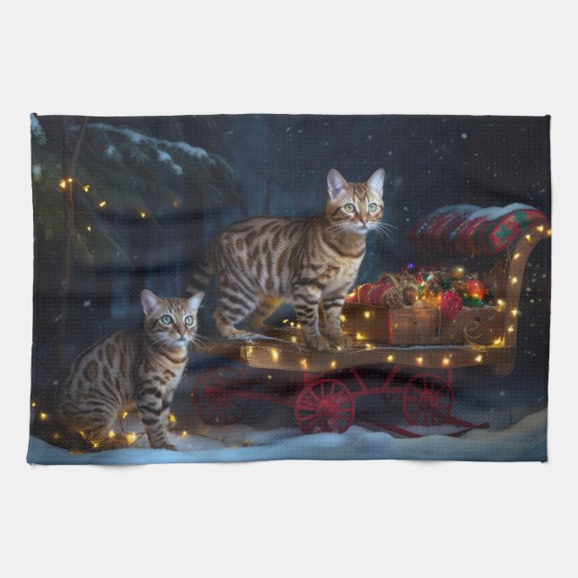 Bengalisches Cat Snowy Sleigh Ride Weihnachtsdekor Geschirrtuch (Horizontal)
