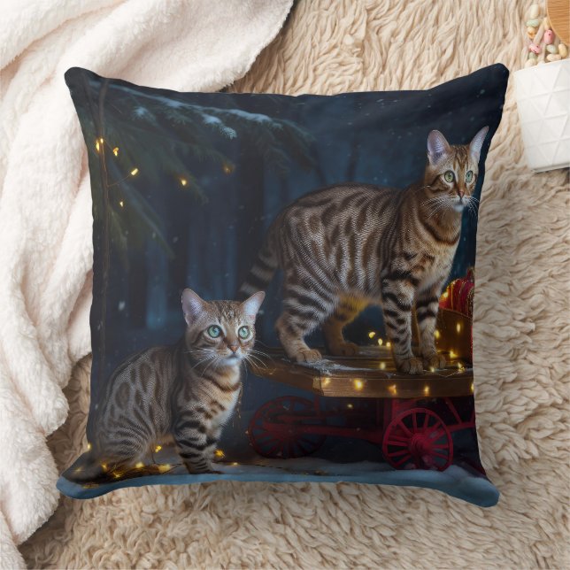 Bengalisches Cat Snowy Sleigh Ride Weihnachtsdekor Kissen (Decke)