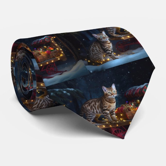 Bengalisches Cat Snowy Sleigh Ride Weihnachtsdekor Krawatte (Gerollt)