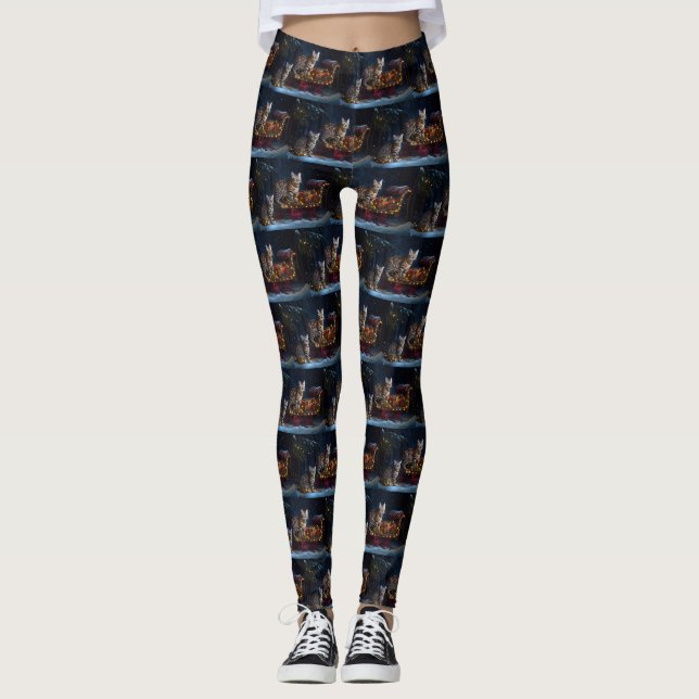Bengalisches Cat Snowy Sleigh Ride Weihnachtsdekor Leggings (Vorderseite)