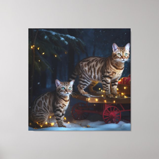 Bengalisches Cat Snowy Sleigh Ride Weihnachtsdekor Leinwanddruck (Vorderseite)