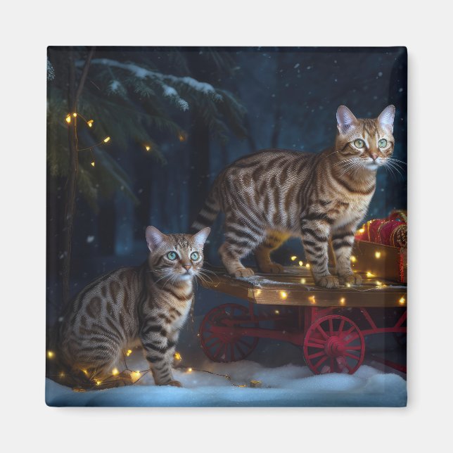 Bengalisches Cat Snowy Sleigh Ride Weihnachtsdekor Magnet (Vorne)