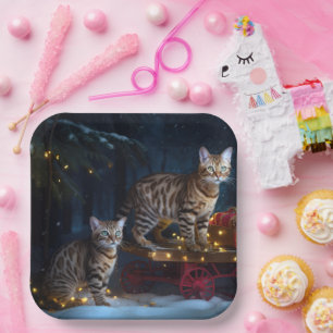 Bengalisches Cat Snowy Sleigh Ride Weihnachtsdekor Pappteller