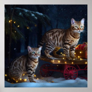 Bengalisches Cat Snowy Sleigh Ride Weihnachtsdekor Poster