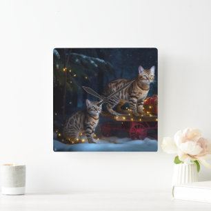 Bengalisches Cat Snowy Sleigh Ride Weihnachtsdekor Quadratische Wanduhr