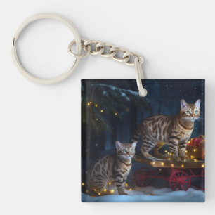 Bengalisches Cat Snowy Sleigh Ride Weihnachtsdekor Schlüsselanhänger