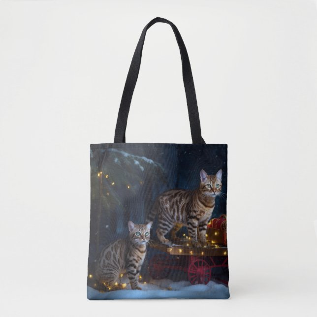 Bengalisches Cat Snowy Sleigh Ride Weihnachtsdekor Tasche (Vorderseite)