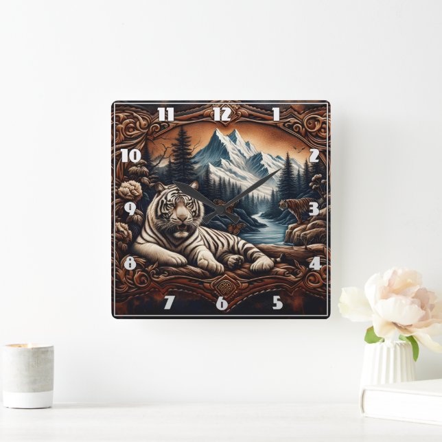 Bengalisches Tiger-Ruhen durch Bergbach Quadratische Wanduhr (Zuhause)
