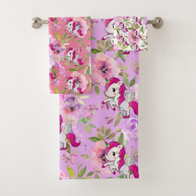 Benutzerdefiniert Hübsch rosa Lila weiße Blume Ein Badhandtuch Set (Insitu)