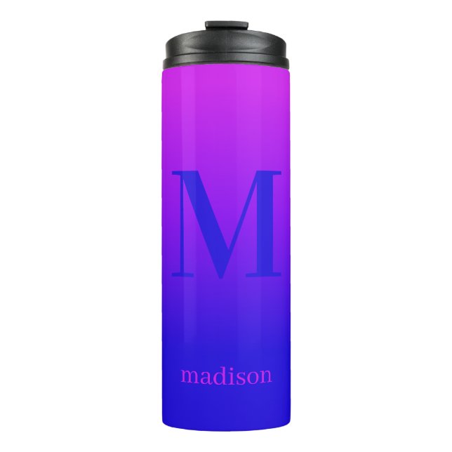 Benutzerdefiniert Monogramm und Name Rosa bis Blau Thermosbecher (Vorderseite)