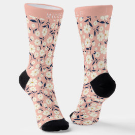 Benutzerdefiniert rosa Pfirsichfarben Weiße Blume Socken