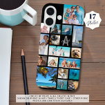 Benutzerdefinierte 17 Collage Monogramm Name Ihre  iPhone 16 Hülle<br><div class="desc">Tragen Sie 17 Ihrer Lieblingsfotos auf diesem personalisierten, benutzerspezifischen FarbHandy-Gehäuse mit dieser leicht hochzuladenden Collage-Vorlage für Fotos mit verschiedenen Formen und Größen ein, um eine Vielzahl von Bildern mit einem Monogramm und Namen in einem bearbeitbaren modernen Drehbuch und klassischen Schriftart auf einem wechselbaren schwarzen Hintergrund zu vergleichen. Das Beispiel wird...</div>