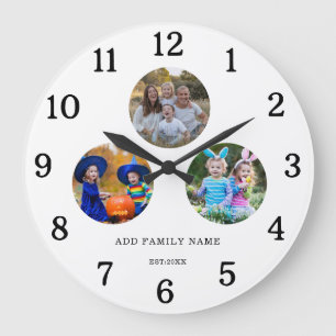 Benutzerdefinierte 3 runde Foto-Vorlage Familienna Große Wanduhr