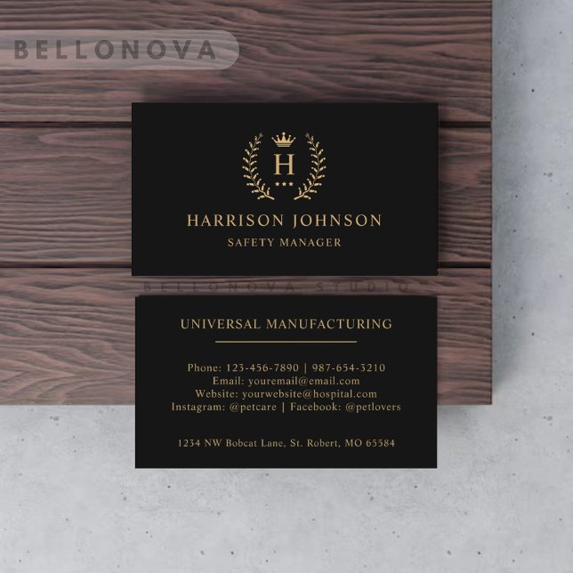 Benutzerdefinierte Anfangs- und Namensfarbe Schwar Visitenkarte (Custom Initial & Name Black And Gold Monogrammed Business Card)