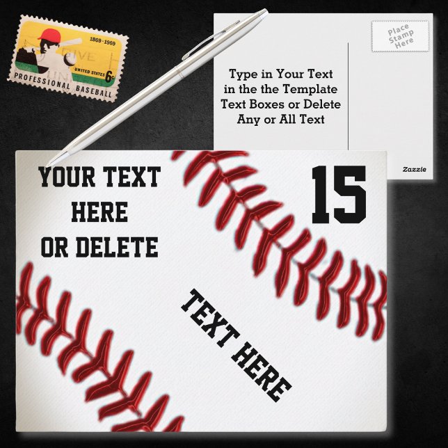 Benutzerdefinierte Baseball-Postkarten mit 4 Textf Postkarte (Baseball Postcards. Personalized baseball invitations. Cheap, Baseball party invitations, birthday.)