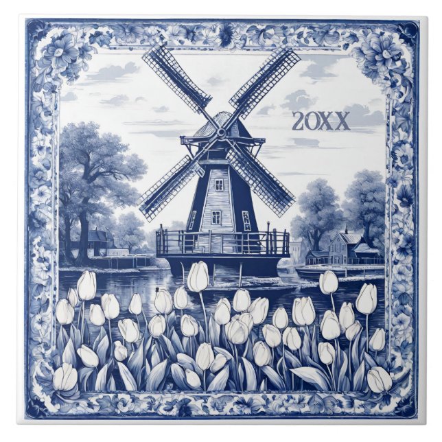 Benutzerdefinierte blaue Delft Holland-Windmühle  Fliese (Vorderseite)
