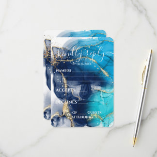 Benutzerdefinierte Blaue Gold-Alkohol-Tinte Hochze RSVP Karte