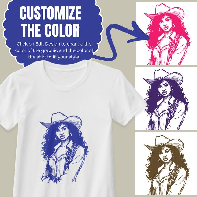 Benutzerdefinierte Cowgirl-Linie Zeichnend Country T-Shirt (Custom Color Cowgirl Line Drawing Country Western T-Shirt)