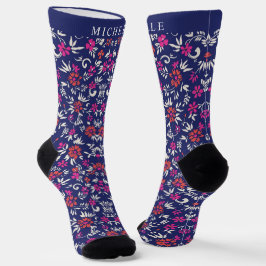 Benutzerdefinierte dunkelblaue, florrosa Blume Socken